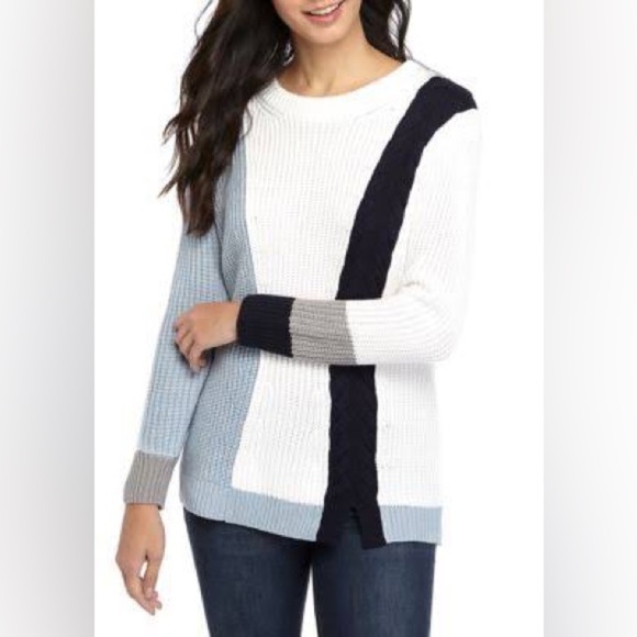 NWT Joan Vass Navy Blue White Gray Knit Sweater - Picture 1 of 4